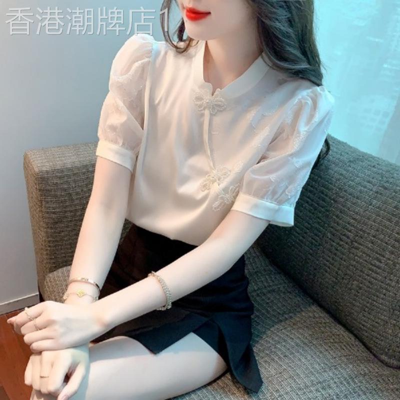 白色雪纺衬衫女夏季2026新款复古显瘦气质提花新中式旗袍短袖上衣