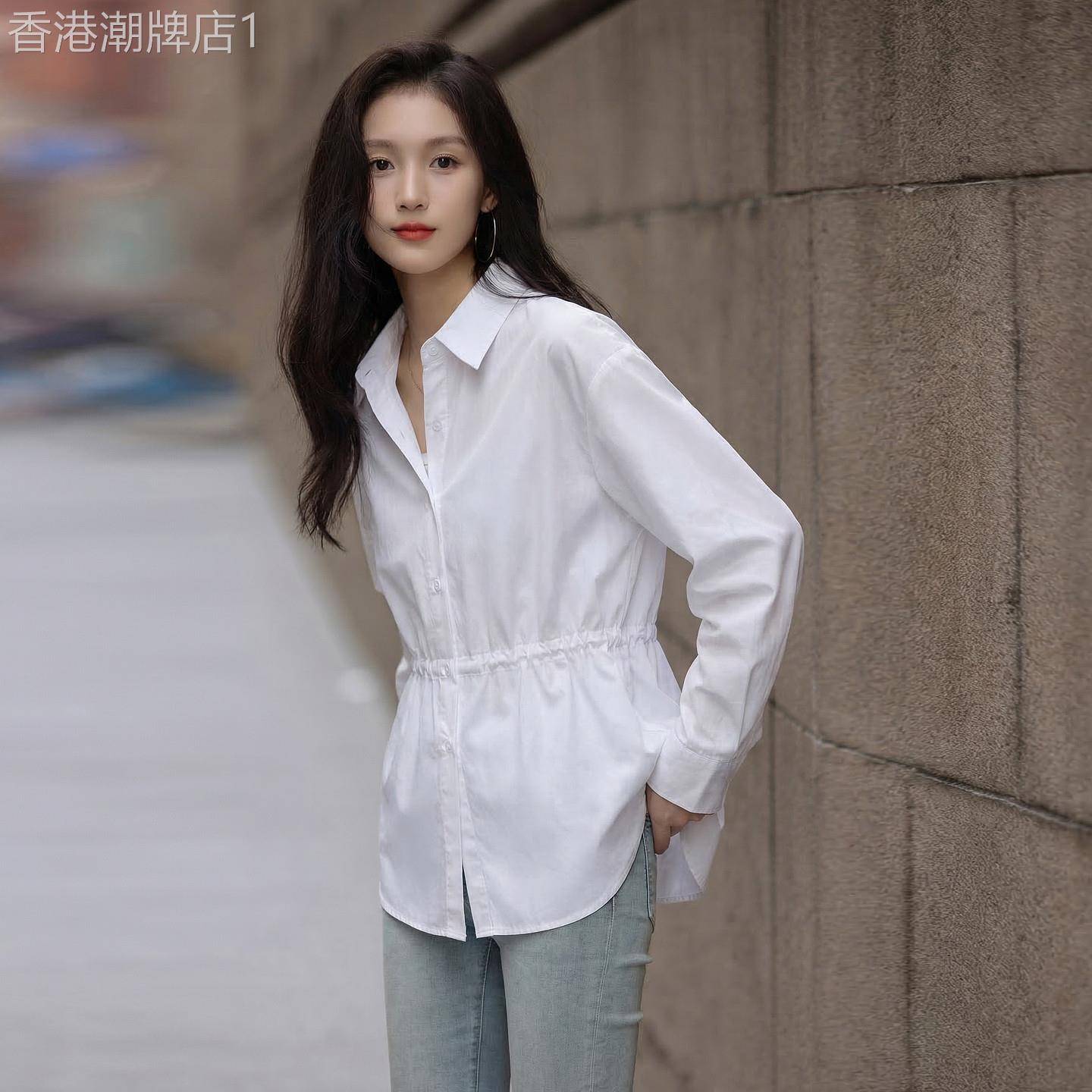 德玛纳抽绳收腰翻领衬衫女26春季新款气质通勤中长版衬衫上衣