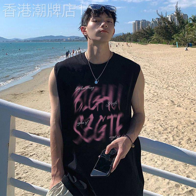 香港潮牌高街嘻哈字母印花背心男款夏季宽松坎肩无袖T恤纯棉上衣
