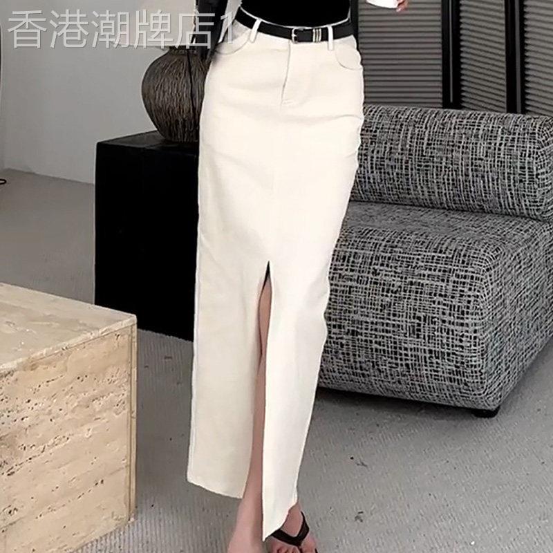 高定STUDIO开叉直筒牛仔裙女夏季新款A字高腰显瘦中长版包臀裙