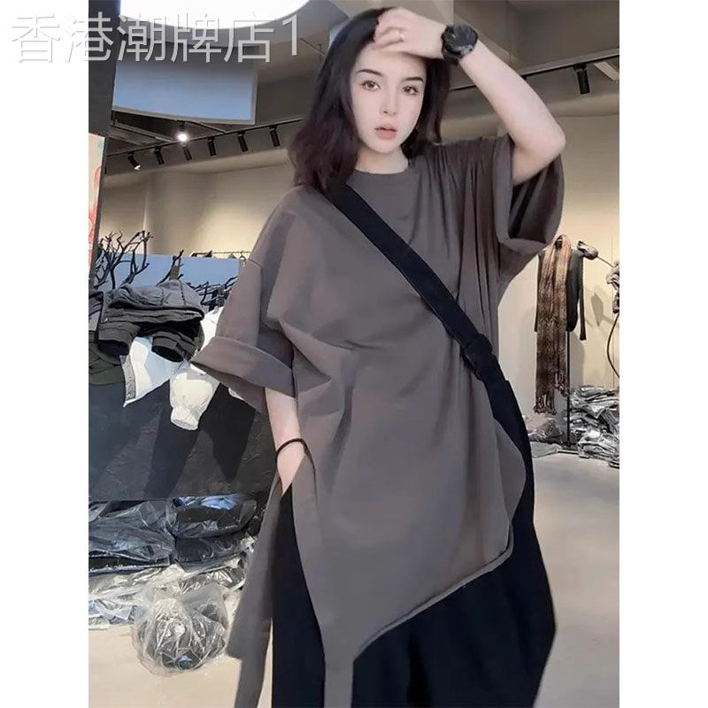 灰色圆领中长款正肩短袖T恤女夏季欧货侧开叉遮屁股遮肉大版上衣