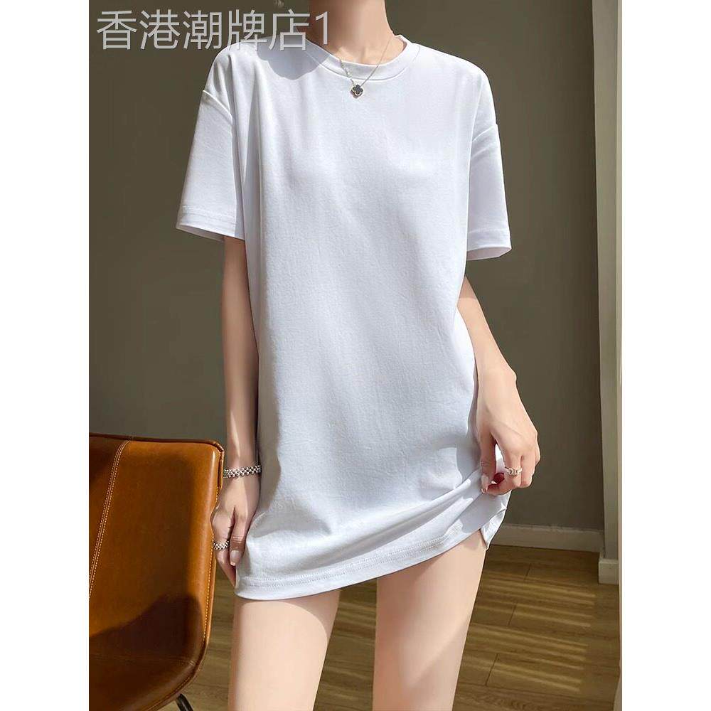 时尚品牌中长款纯棉女式t恤夏季新款圆领宽松修身款全棉丝光短袖t