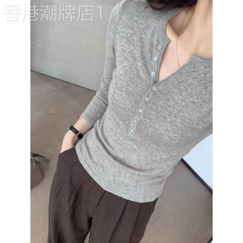 韩系正肩灰色v领针织打底衫女春秋小个子修身显瘦亨利衫内搭上衣