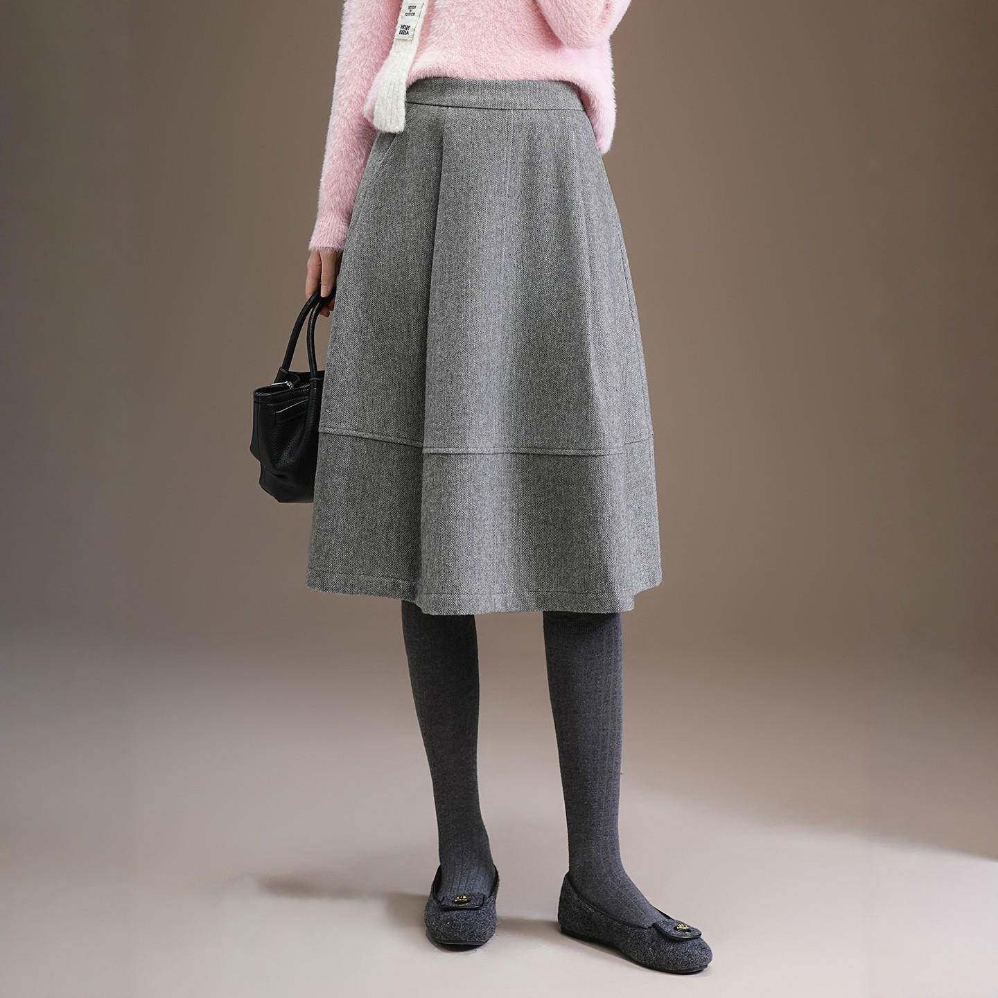 灰色毛呢a字裙女秋冬2025新款高腰显瘦半身裙中长款百搭休闲伞裙