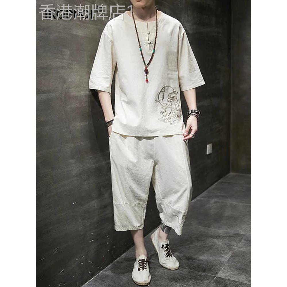 轻奢中国风短袖套装男士夏季棉麻汉服古装刺绣青年唐装道袍两件套