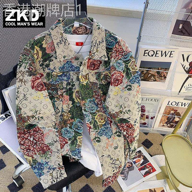 潮牌复古碎花刺绣翻领夹克男士秋冬季休闲情侣装潮流百搭外套男款