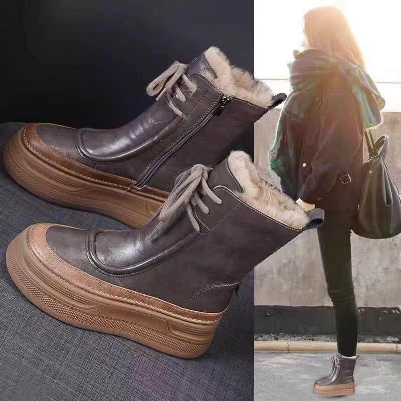 香港真皮加绒加厚底保暖雪地靴女2025秋冬新款皮毛一体中筒马丁靴