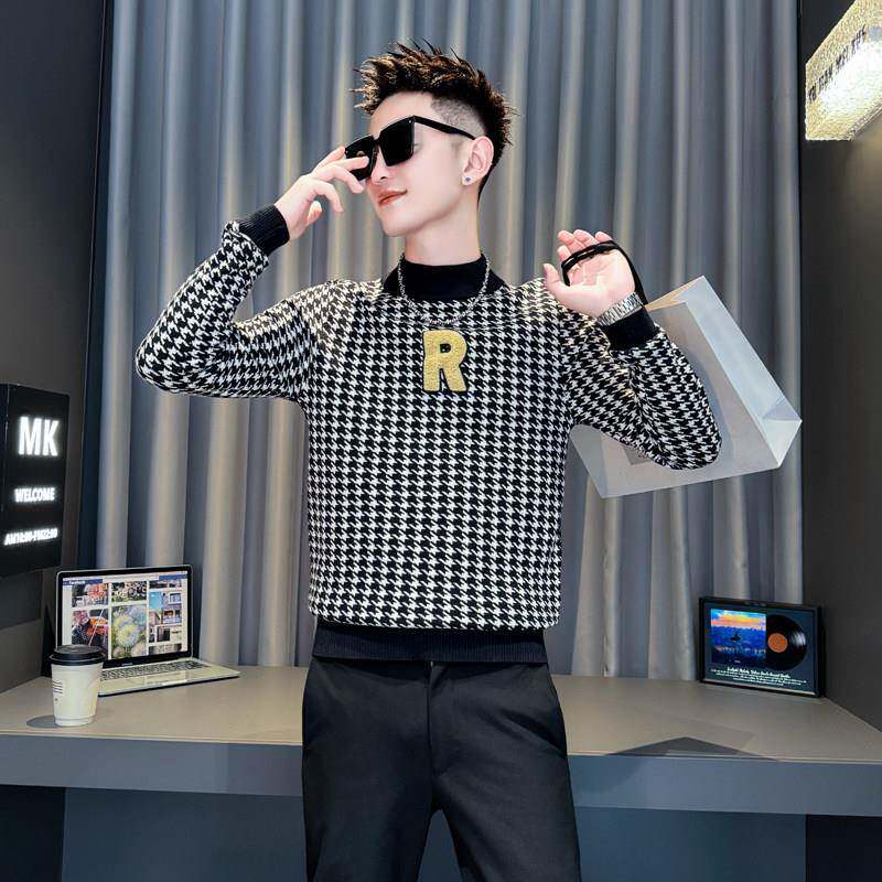 潮流撞色半高领保暖毛衣男千鸟格提花修身针织衫秋冬季内搭打底衫