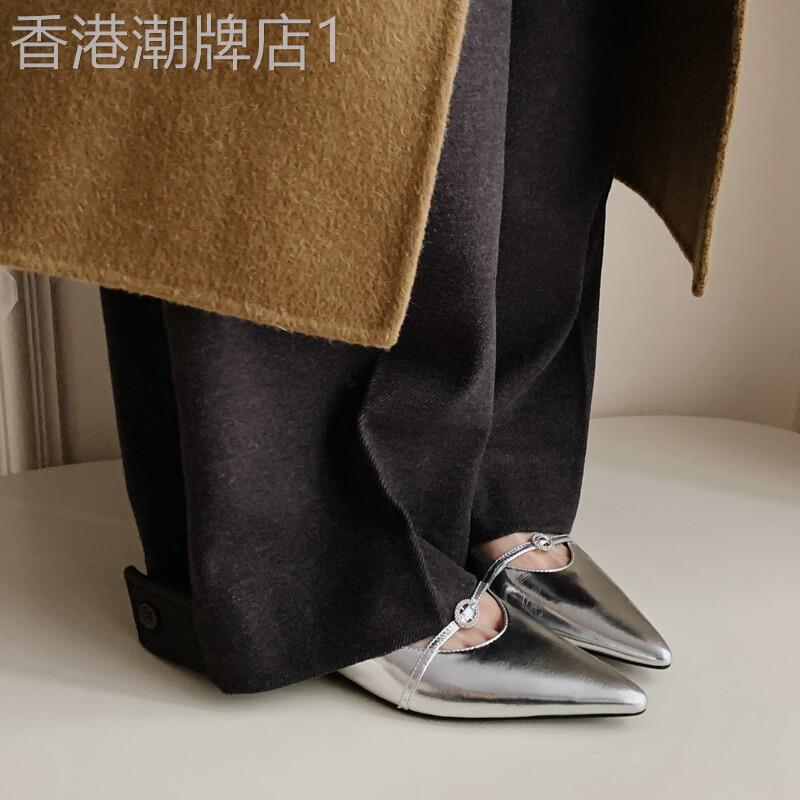 时尚缪斯!韩国东大门银色单鞋通勤显瘦尖头一脚蹬女鞋黑色平底鞋