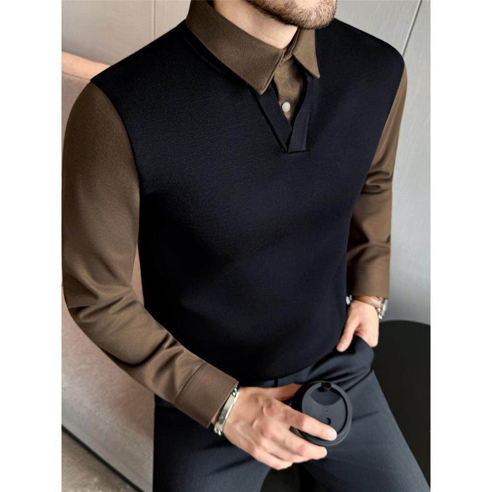 商务厚款保暖拼接假两件毛衣男秋冬季高端修身毛呢衬衫V领针织衫