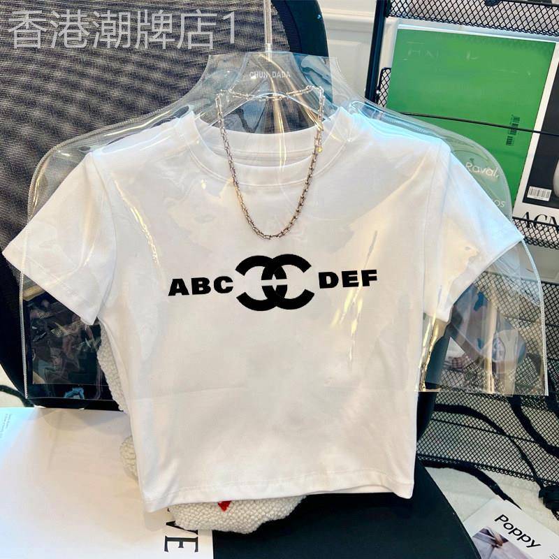 韩国爆款字母印花欧美小众设计感圆领短袖T恤女高腰短款露脐上衣.