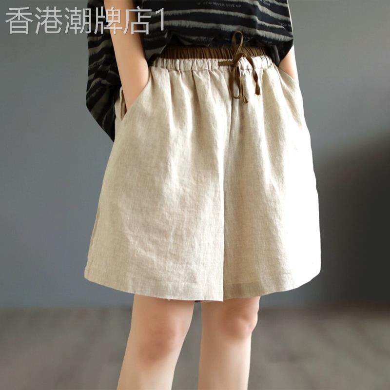 潮牌高腰垂感棉麻阔腿短裤女薄款宽松显瘦休闲热裤百搭亚麻五分裤