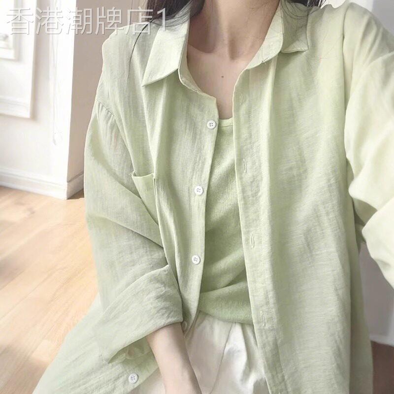 薄荷绿长袖衬衫女夏季轻薄透气防晒衬衣外套宽松遮肉百搭别致上衣图片