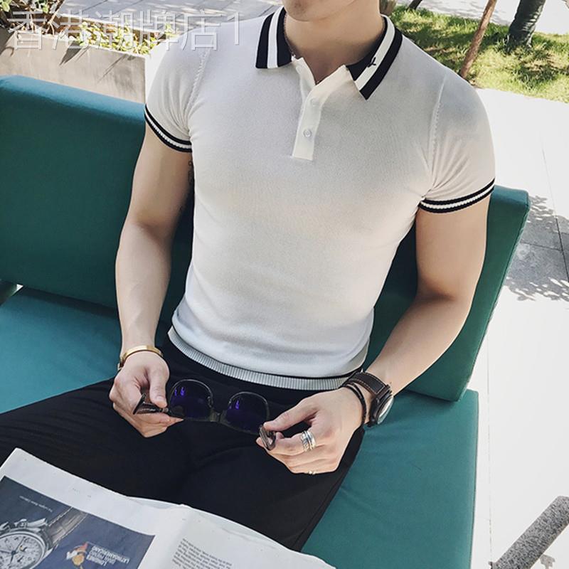 夏季短袖t恤男polo衫条纹潮牌翻领韩版潮流修身针织冰丝商务休闲