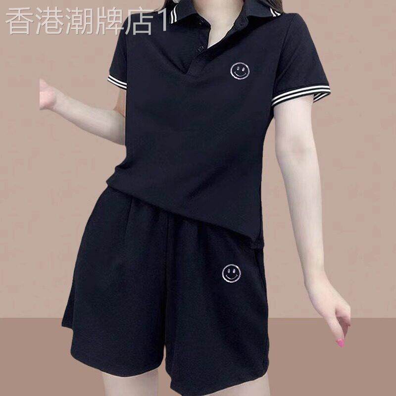夏季运动套装女2025新款休闲洋气时髦时尚黑色短袖上衣短裤两件套