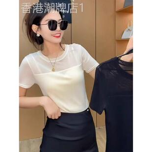杏圆领拼接网眼短袖t恤女子夏季欧洲底衬衫短略透视性感苗条上衣