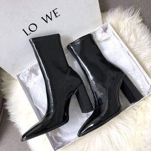 SW短靴女小方头粗跟漆皮超高跟鞋2025春秋新款肯豆同款马丁靴加绒