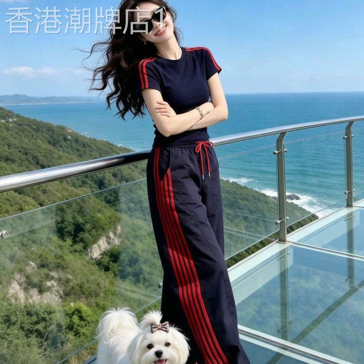 韩国休闲运动套装女2026夏季新款小个子撞色短袖T恤直筒裤两件套