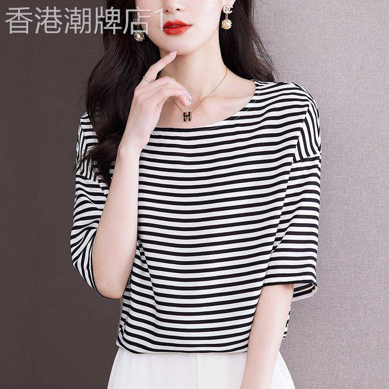 时尚条纹短袖薄T恤女士2026夏季宽松遮肚子小衫减龄中袖显瘦上衣