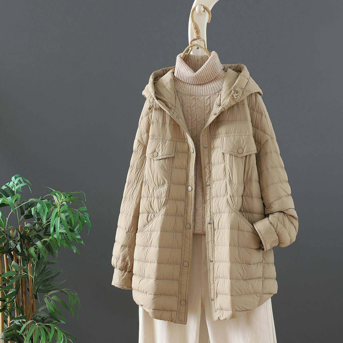 韩国秋季新款连帽羽绒服女中长款时尚宽松纯色轻薄款90白鸭绒外套