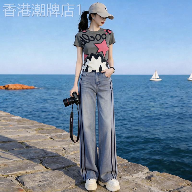 欧洲站休闲时尚套装女时髦洋气2026夏季新款T恤阔腿牛仔裤两件套