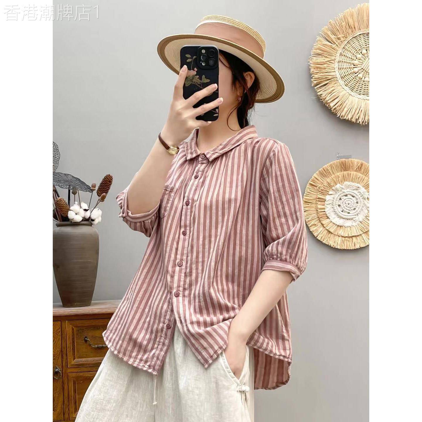 休闲条纹短袖衬衫女夏新款高端双层棉纱女士翻领POLO半袖衬衣上衣