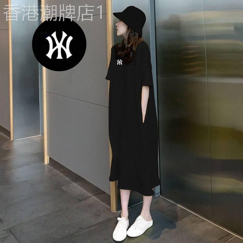 黑色大码连衣裙女夏欧货网红爆款直筒过膝长裙微胖休闲运动t恤裙