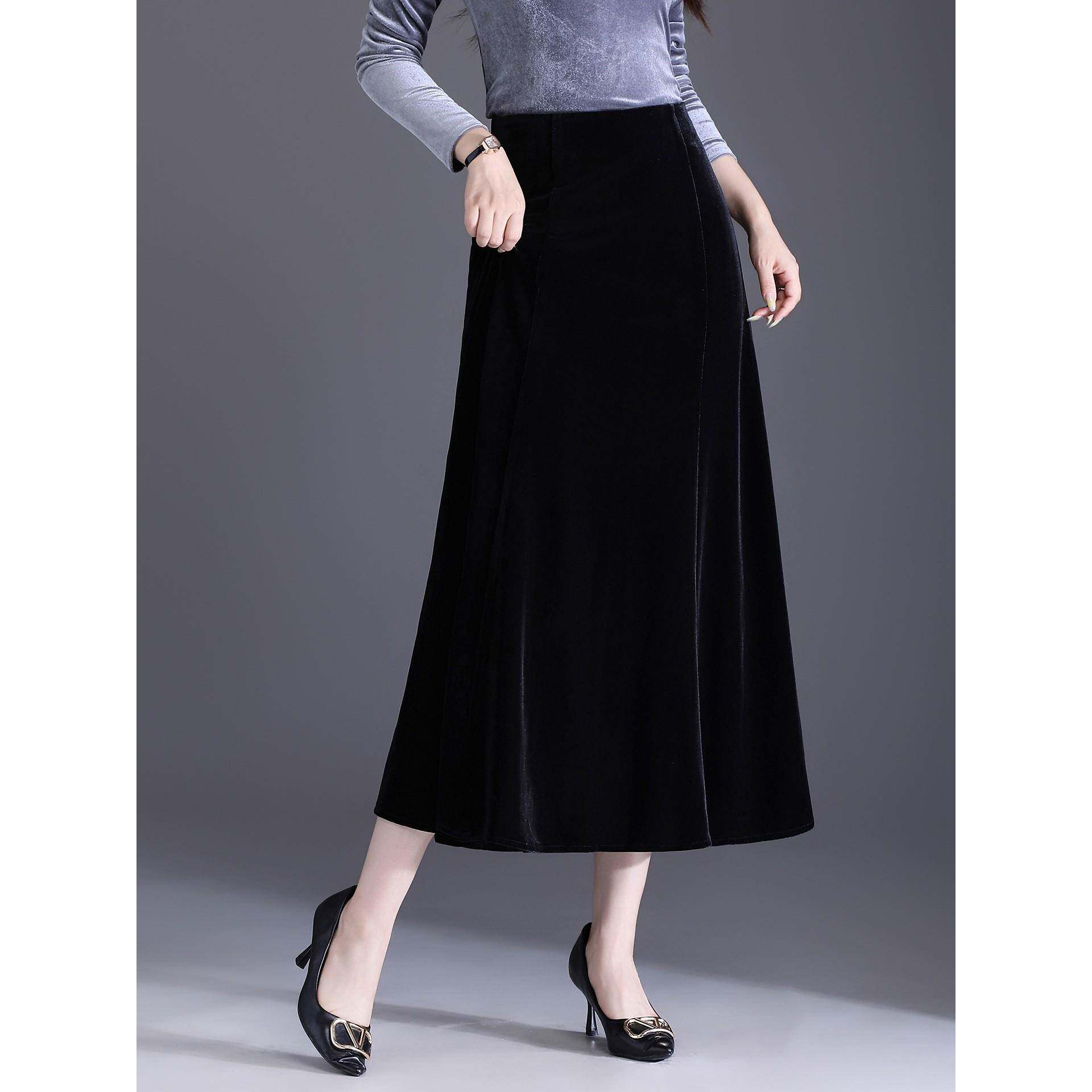 气质黑色金丝绒a字裙女2025年秋冬季新款高腰显瘦长款大摆半身裙