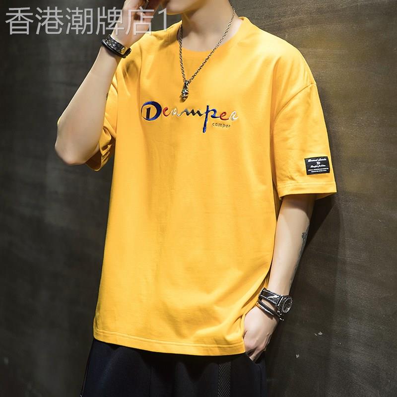 潮牌纯棉刺绣短袖T恤男夏季宽松薄款五分袖休闲圆领百搭T恤衫ins