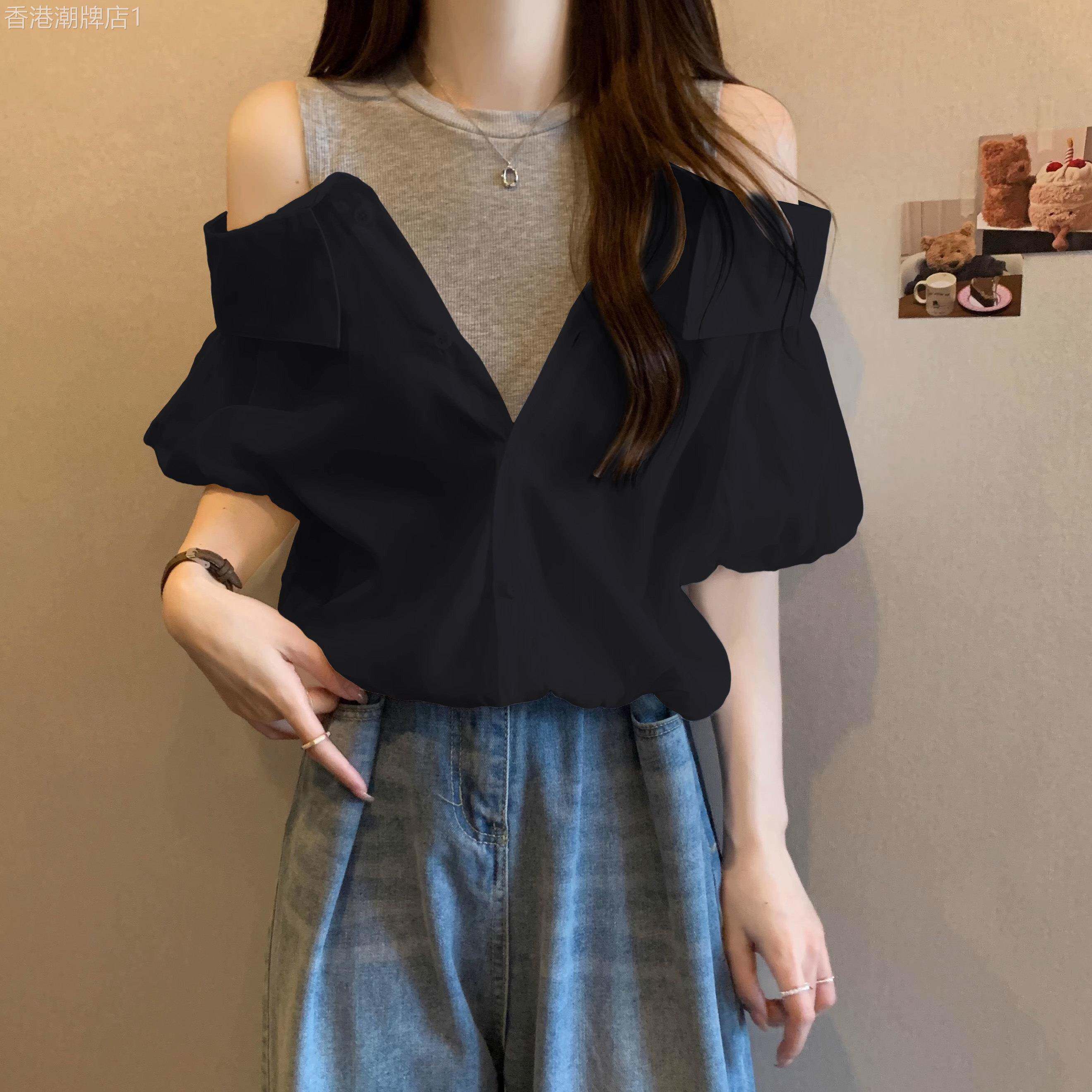 假两件衬衫女短袖夏季2025新款薄宽松大码设计感露肩半袖t恤上衣