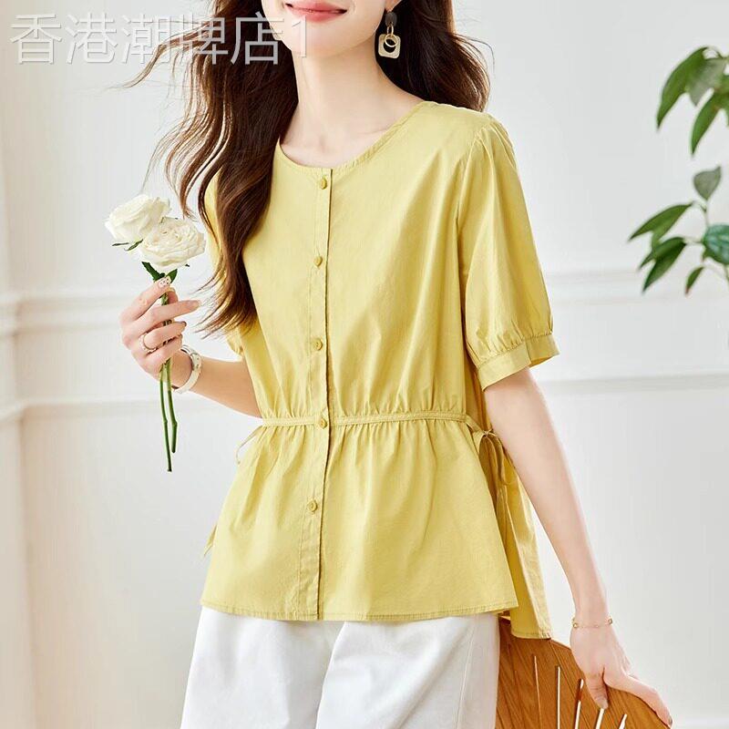 短袖衬衫女设计感小众夏季薄款2025年新款收腰显瘦纯棉衬衣女上衣