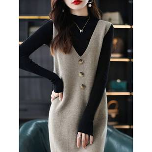 V领100纯羊毛衫连衣裙女秋冬马甲背心针织长款羊绒打底毛衣裙无袖