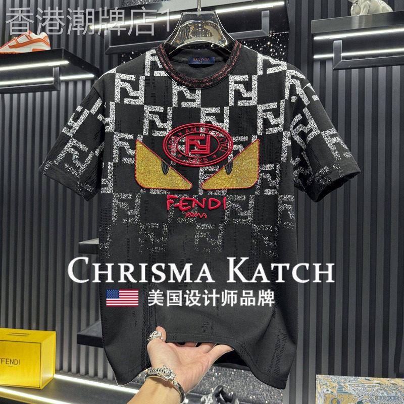 出口美国Chrisma Katch~高端刺绣怪兽印花短袖T恤轻奢破洞半袖