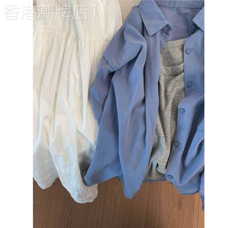 雾霾蓝色纯棉长袖衬衫女春夏上衣衬衣防晒外套今年流行漂亮小衫