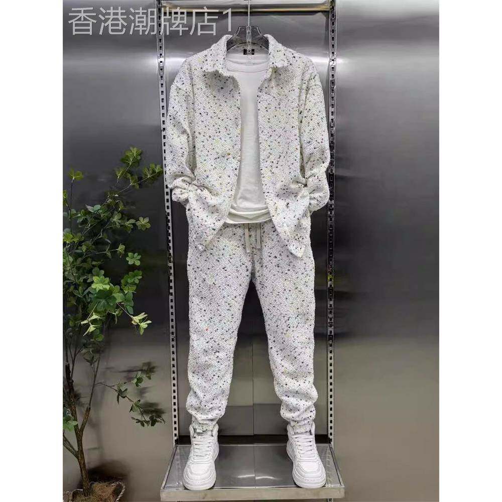 时尚品牌休闲运动套装男士春秋新潮针织小香衬衫紧身裤西式两件套