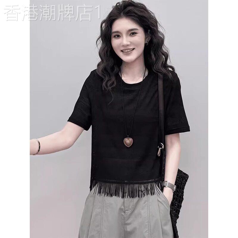 圆领黑色短袖T恤女2026新款夏季独特别致流苏下摆高级感韩系上衣图片