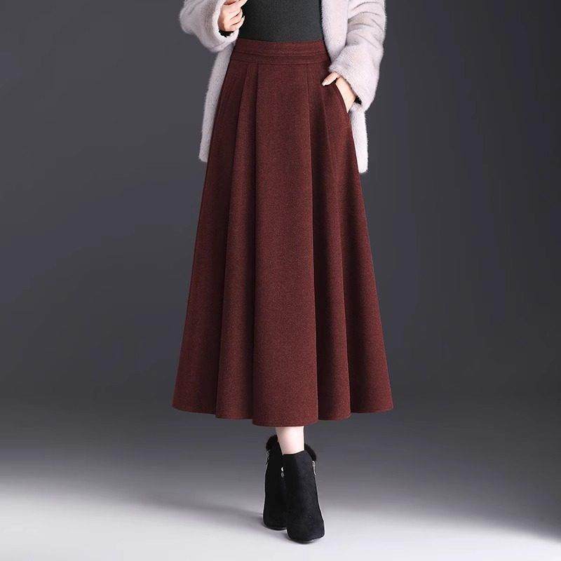 毛呢半身裙2025女秋冬款气质长裙高腰A字裙伞裙遮胯显瘦女百褶裙