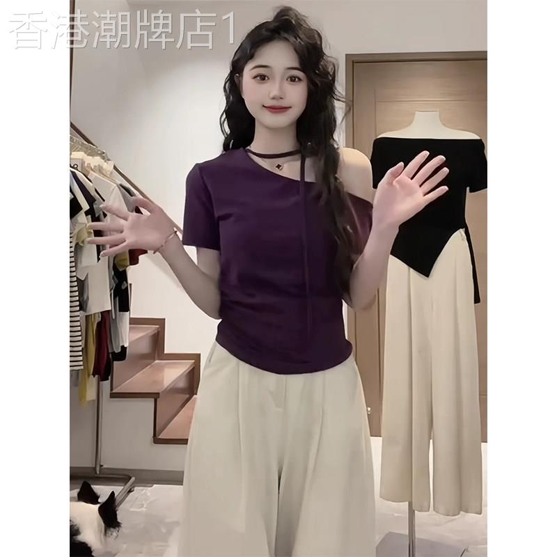 紫色韩系斜肩露肩飘带短袖T恤女夏季欧货小众设计感高级百搭上衣