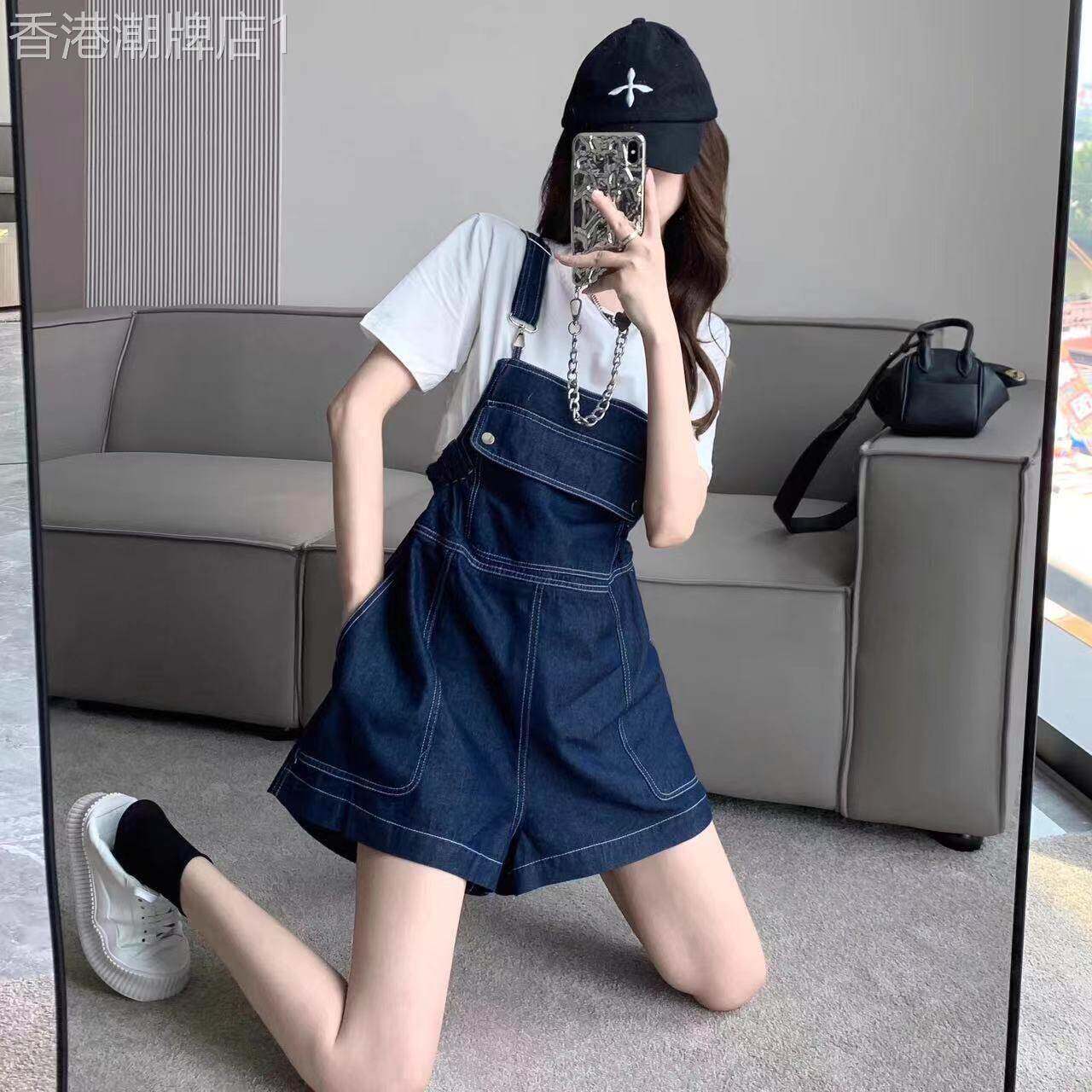 网红深蓝色大口袋松紧腰背带短裤女夏装小个子遮跨工装阔腿连体裤
