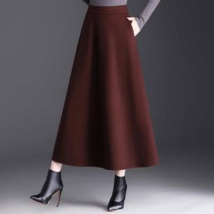 安可拉红毛呢半身裙2025女冬款高腰中长裙a字裙显瘦冬裙咖色伞裙
