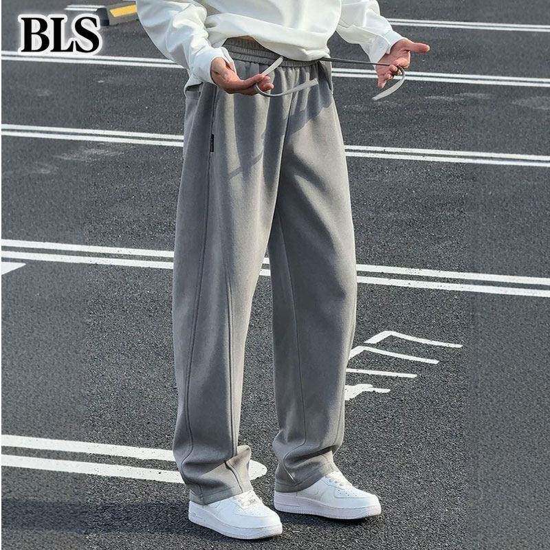 高端重磅运动卫裤男冬季2025新款加绒加厚宽松阔腿男士弯刀休闲裤