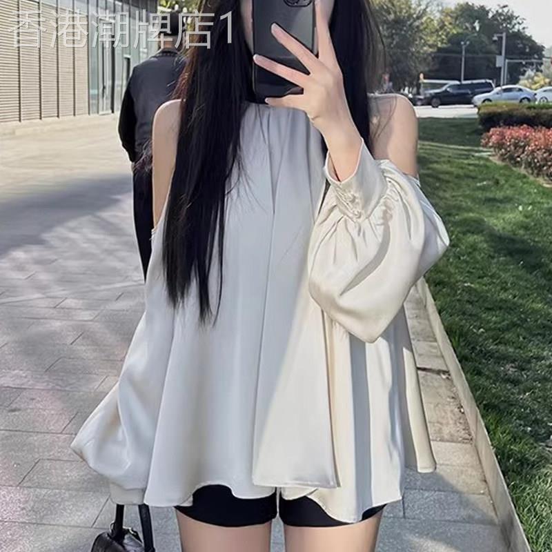 潮牌法式醋酸缎面高端衬衫女夏季露肩挖肩设计感小众灯笼长袖上衣