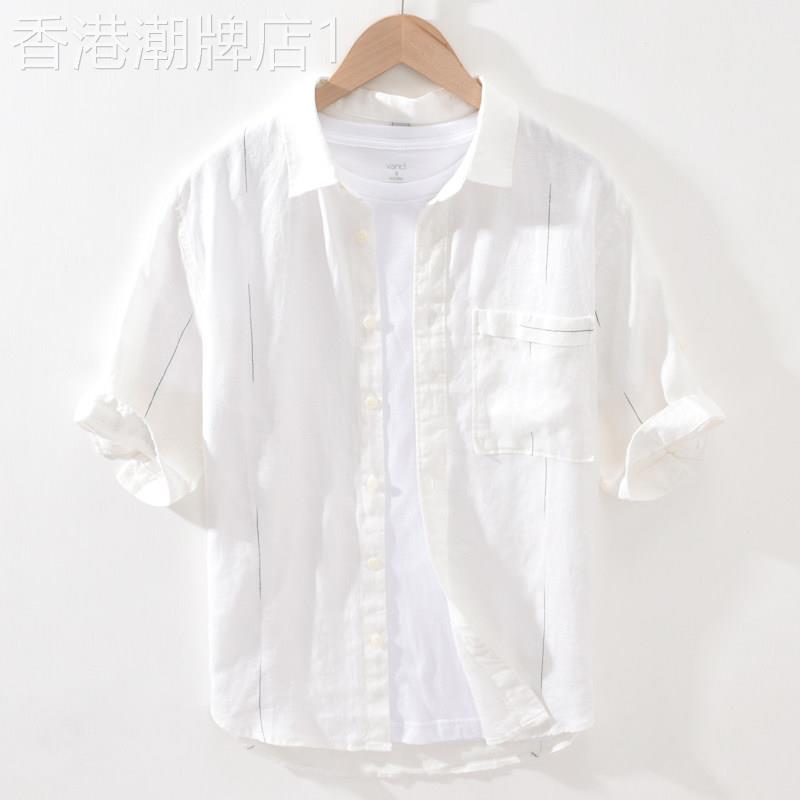 夏季纯亚麻五分半袖衬衫男宽松潮流休闲棉麻白色寸衫中袖男士衬衣