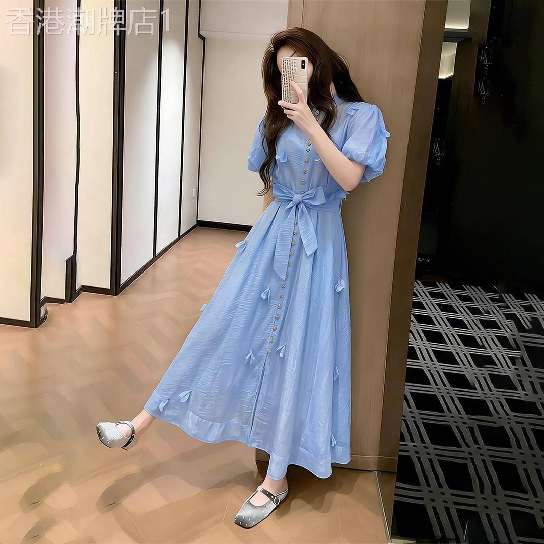 气质蓝色泡泡袖洋装女2026夏季新款小个子高级感独特漂亮长裙子