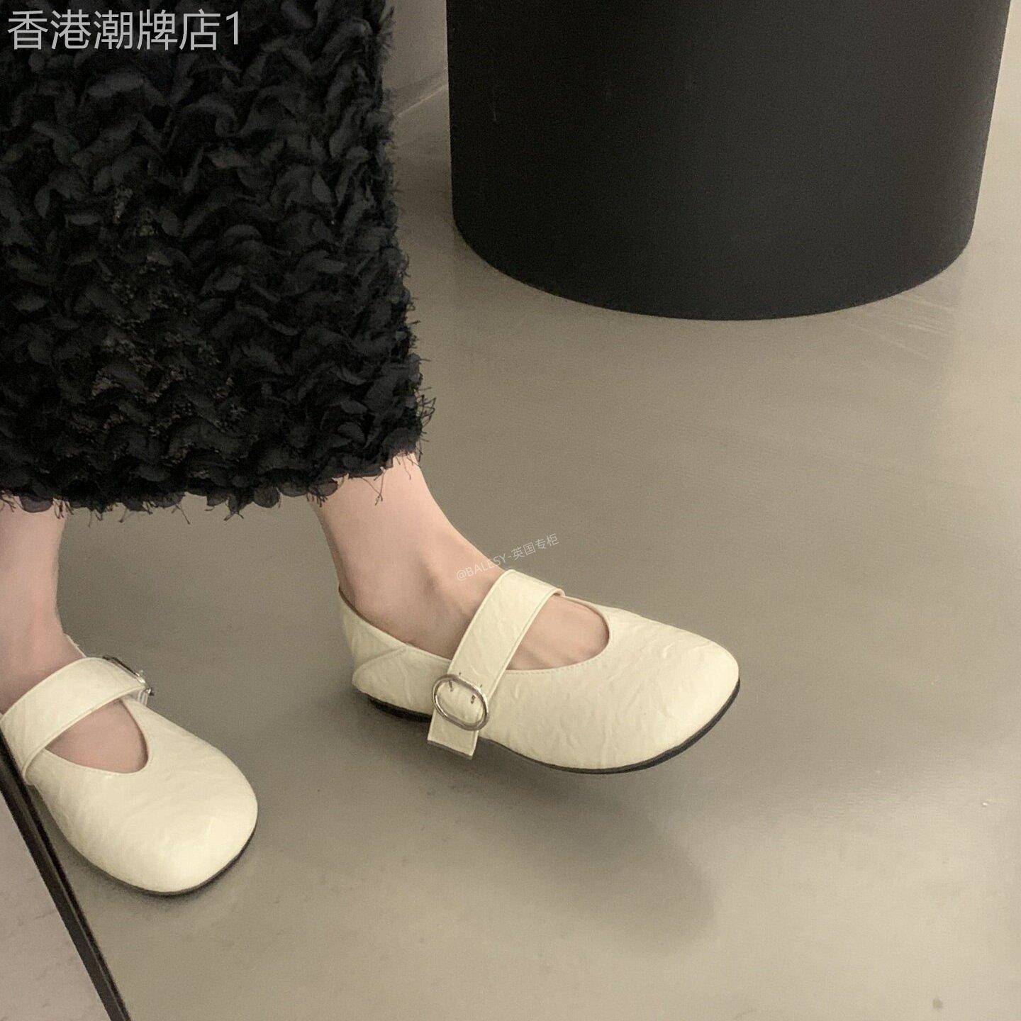 英国真皮平底玛丽珍鞋女春季2026新款一字带浅口单鞋白色小皮鞋子