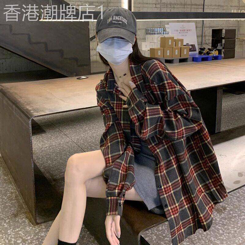 潮牌长袖叠穿衬衫女春秋宽松设计感小众衬衫外套中长版休闲上衣服