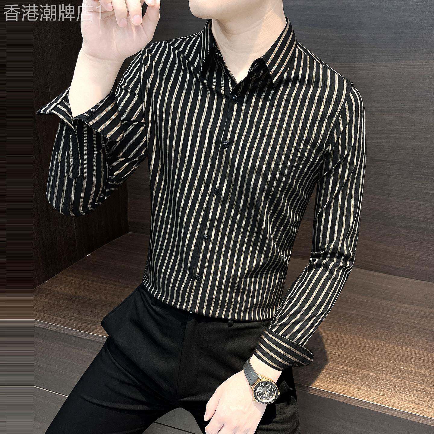 2026新款春季薄款高端商务修身条纹衬衫男士长袖高级感衬衣男款潮