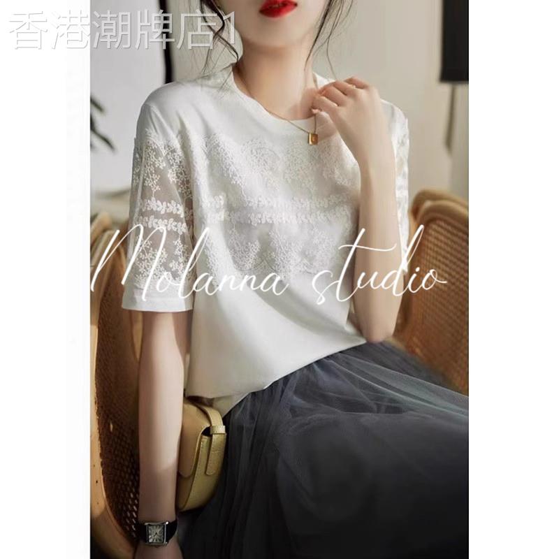 Molanna蕾丝拼接短袖T恤女夏季新款时尚休闲圆领女士半袖小衫上衣