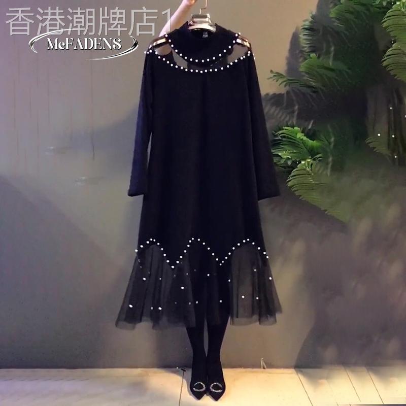 香港欧洲站打底连衣裙大码女装胖mm减龄鱼尾裙显瘦钉珠拼纱过膝裙