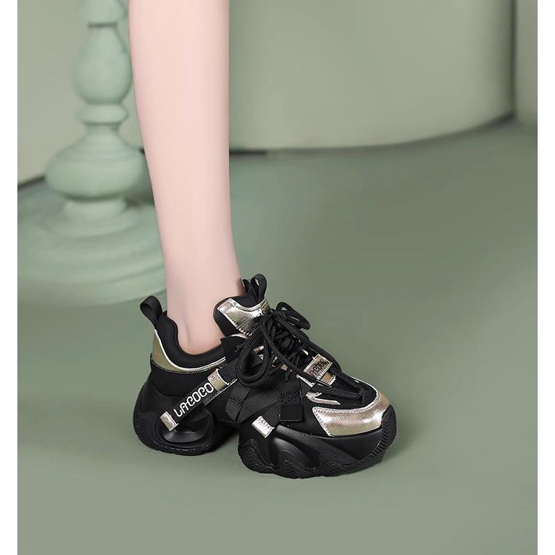 网红老爹鞋女2025新款秋冬季真皮松糕厚底系带内增高小个子运动鞋